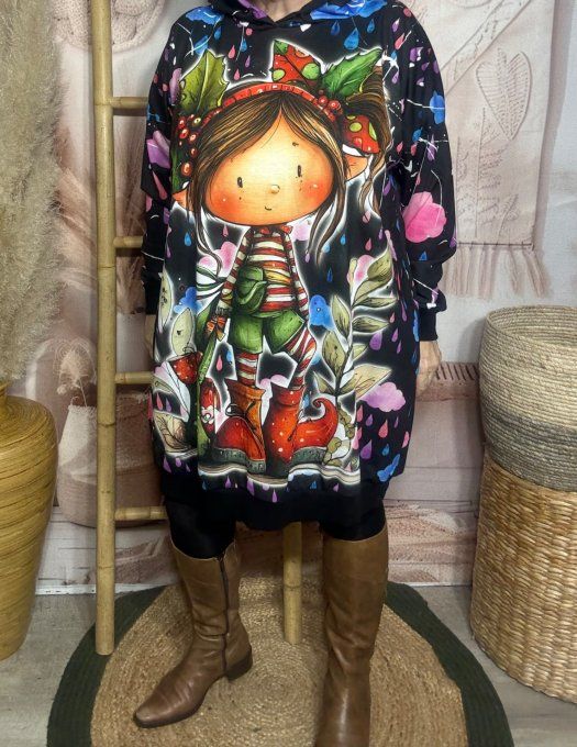 Sweat à capuche long ou robe sweat L'adorable Fillette des Bois du 40 au 52 