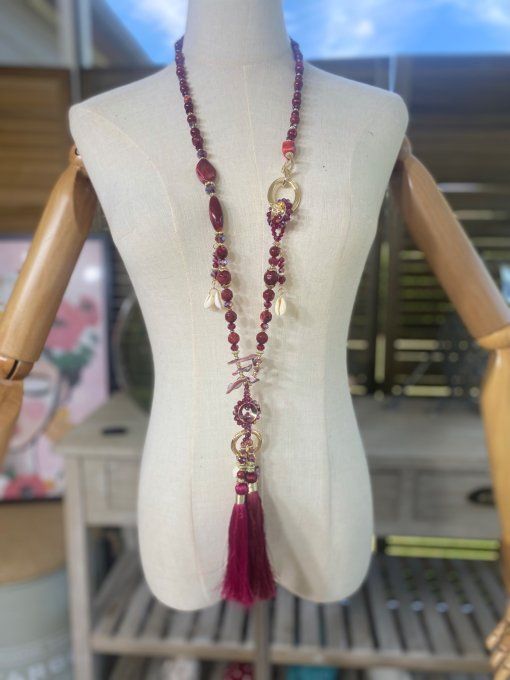Sautoir camaïeu de Bordeaux & Lie de Vin perles verre pendentif feuille qualité +++