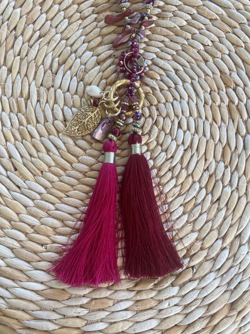 Sautoir camaïeu de Bordeaux & Lie de Vin perles verre pendentif feuille qualité +++