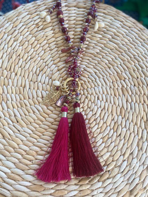 Sautoir camaïeu de Bordeaux & Lie de Vin perles verre pendentif feuille qualité +++