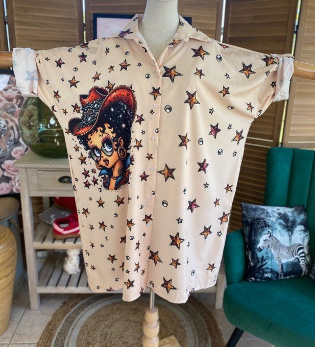 Robe chemise oversize beige étoiles Betty Boop Country Girl du 42 au 52/54