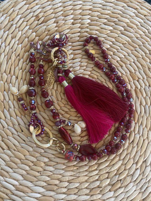 Sautoir camaïeu de Bordeaux & Lie de Vin perles verre pendentif feuille qualité +++
