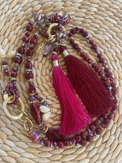 Sautoir camaïeu de Bordeaux & Lie de Vin perles verre pendentif feuille qualité +++