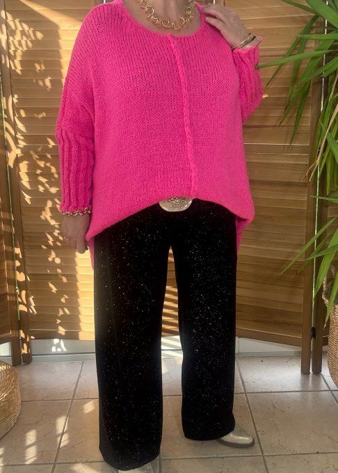 pull asymétrique oversize sans laine rose vif col V douceur +++ du 42 au 56/58