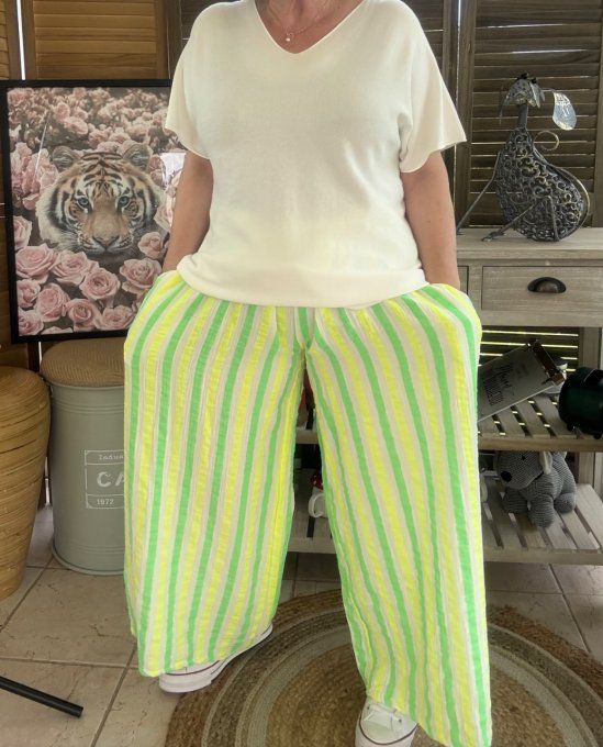 pantalon gaze de coton rayé vert fluo + jaune fluo + blanc douceur ++++ du 42 au 50/52