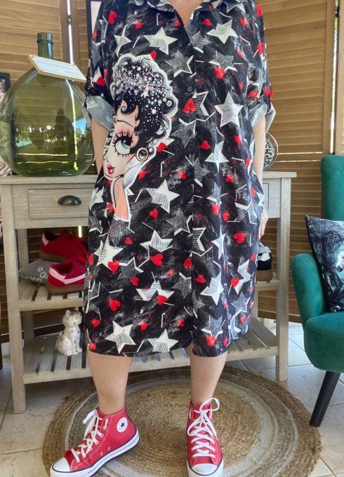 Robe chemise oversize noire étoiles  Betty Boop Cosmo Girl du 42 au 52/54 