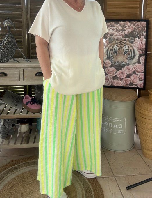 pantalon gaze de coton rayé vert fluo + jaune fluo + blanc douceur ++++ du 42 au 50/52