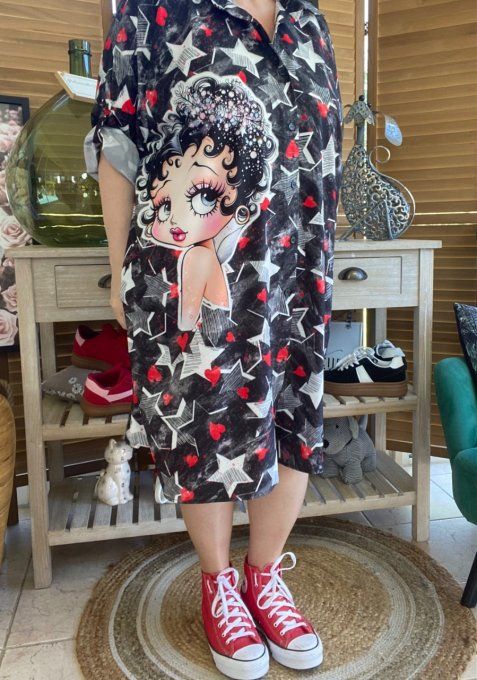 Robe chemise oversize noire étoiles  Betty Boop Cosmo Girl du 42 au 52/54 