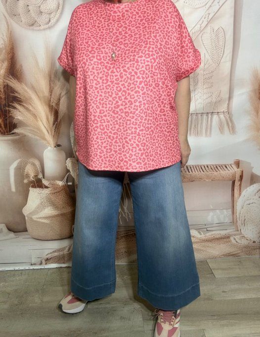 Sweat ample manches courtes Léopard Corail & Rose Abricoté du 40 au 50/52