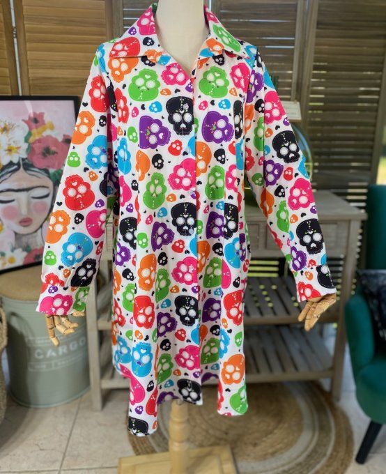 Robe chemise trapèze blanche Skulls Calaveras multicolores du 38 au 46 (et même + si portée ouverte)