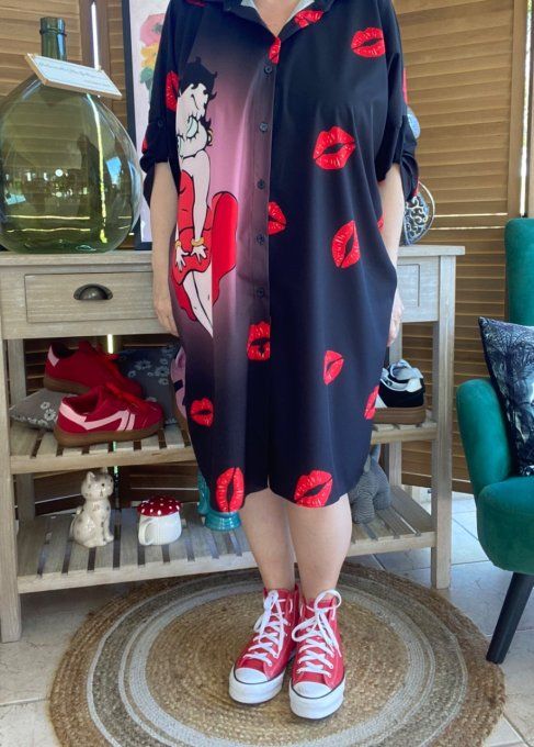 Robe longue plissée ample manches volantées Betty Boop du 40 au 54/56