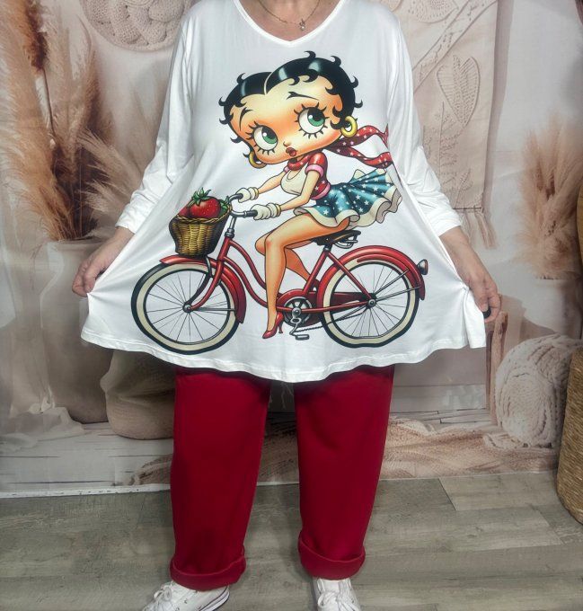 Top trapèze blanc manches longues Betty Boop à bicyclette du 42 au 56/58 