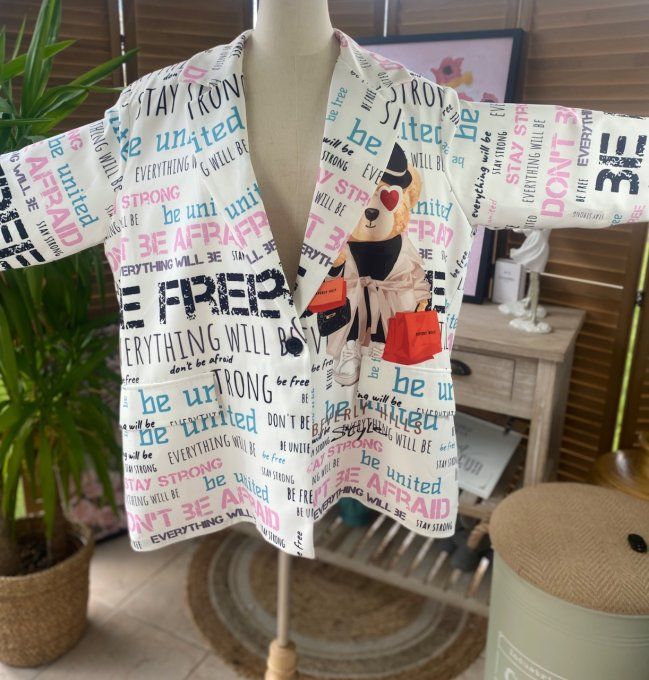 Veste blazer ample blanc Graffitis doublée The Fashion Teddy Bear du 42 au 50/52 et +