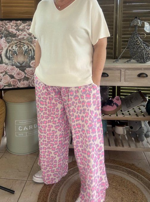 pantalon gaze de coton Léopard Lilas fluo + rose fluo + blanc douceur ++++ du 42 au 50/52