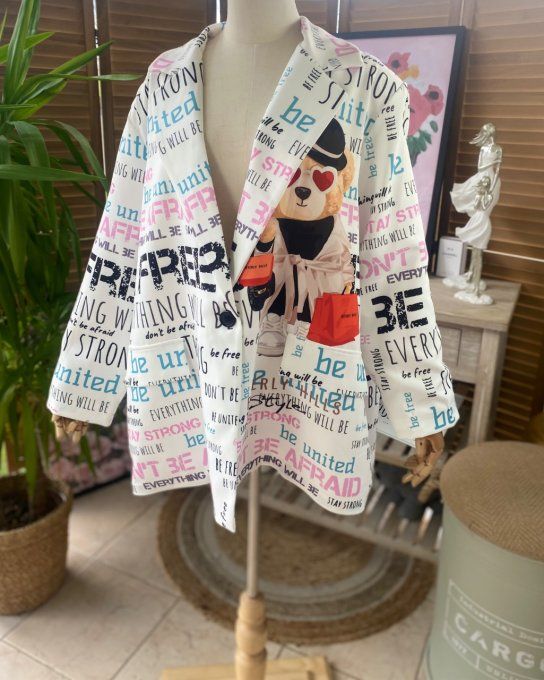 Veste blazer ample blanc Graffitis doublée The Fashion Teddy Bear du 42 au 50/52 et +