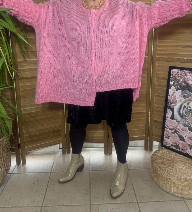 pull asymétrique oversize sans laine rose layette col V douceur +++ du 42 au 56/58 
