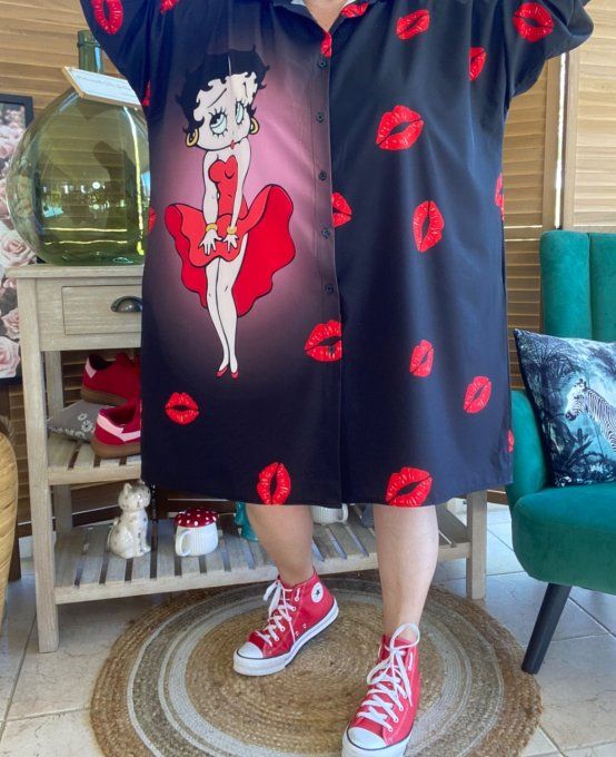 Robe chemise oversize noire Betty Boop Red Love du 42 au 52/54
