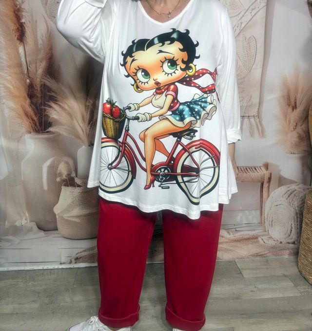 Top trapèze blanc manches longues Betty Boop à bicyclette du 42 au 56/58 