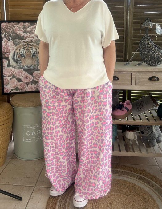 pantalon gaze de coton Léopard Lilas fluo + rose fluo + blanc douceur ++++ du 42 au 50/52