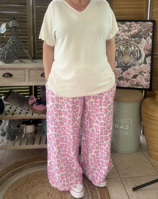 pantalon gaze de coton Léopard Lilas fluo + rose fluo + blanc douceur ++++ du 42 au 50/52