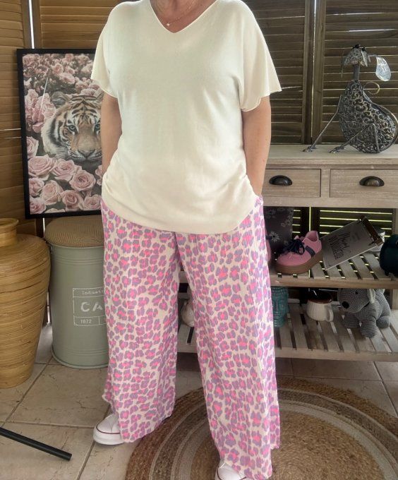pantalon gaze de coton Léopard Lilas fluo + rose fluo + blanc douceur ++++ du 42 au 50/52