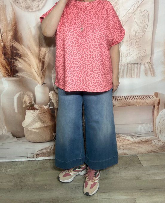 Sweat ample manches courtes Léopard Corail & Rose Abricoté du 40 au 52/54