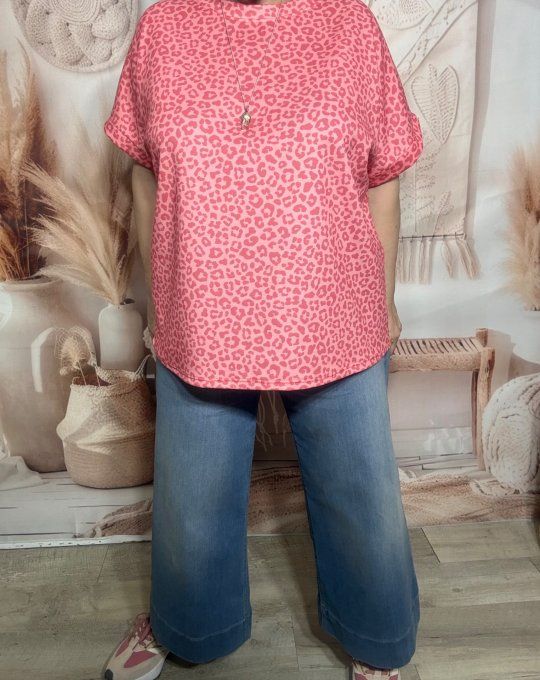 Sweat ample manches courtes Léopard Corail & Rose Abricoté du 40 au 50/52