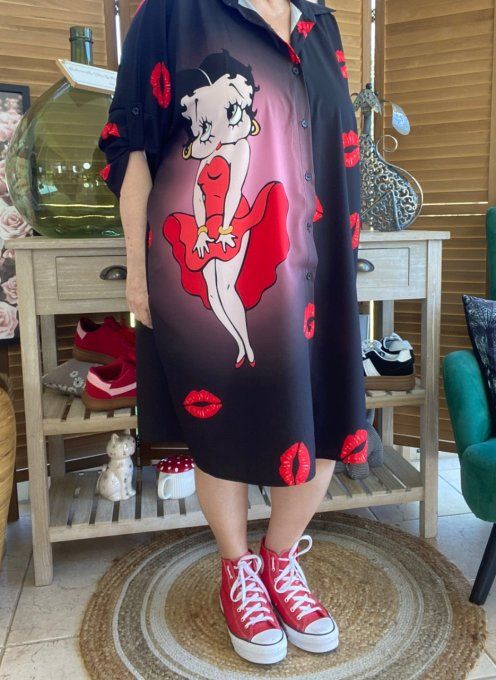 Robe chemise oversize noire Betty Boop Red Love du 42 au 52/54