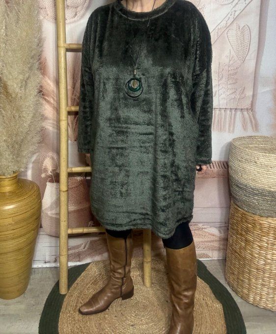 Robe ou maxi-sweat peluche Kaki + collier douceur +++ du 40 au 50