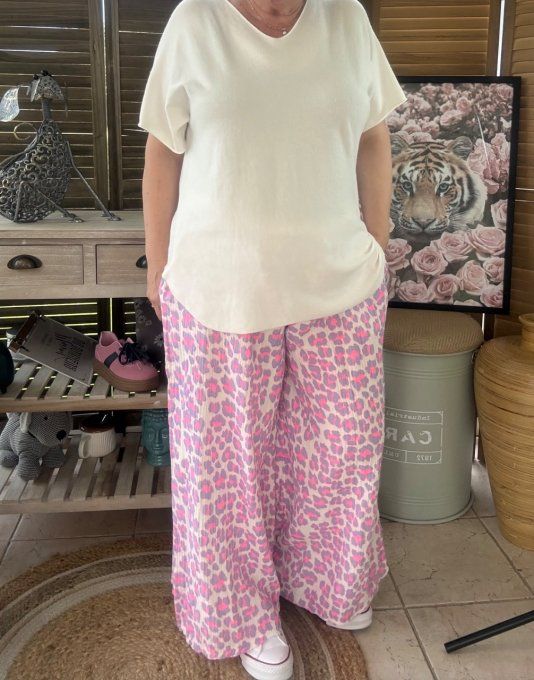 pantalon gaze de coton Léopard Lilas fluo + rose fluo + blanc douceur ++++ du 42 au 50/52