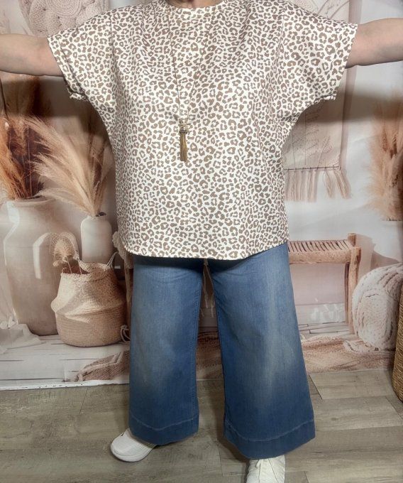 Sweat ample manches courtes Léopard Café au lait & Crème du 40 au 50/52