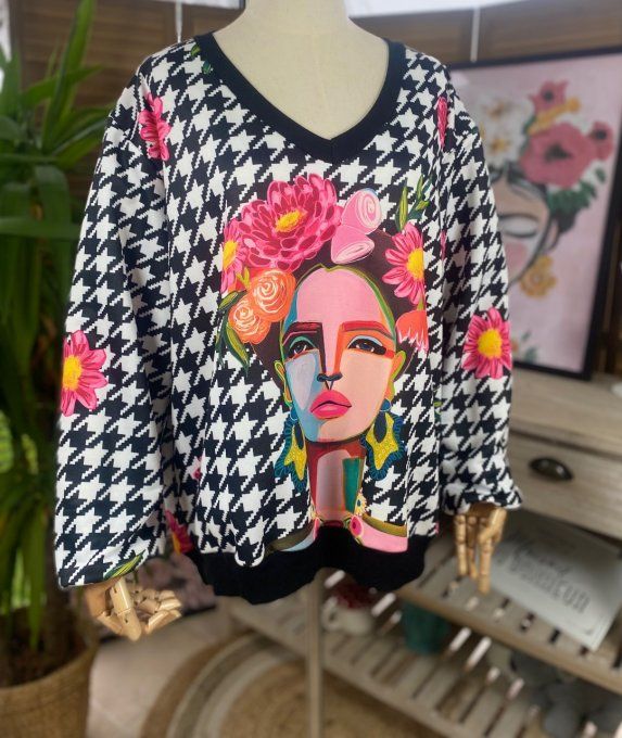 Robe trapèze longue vert sapin Frida Kahlo couronne de fleurs du 38 au 46/48