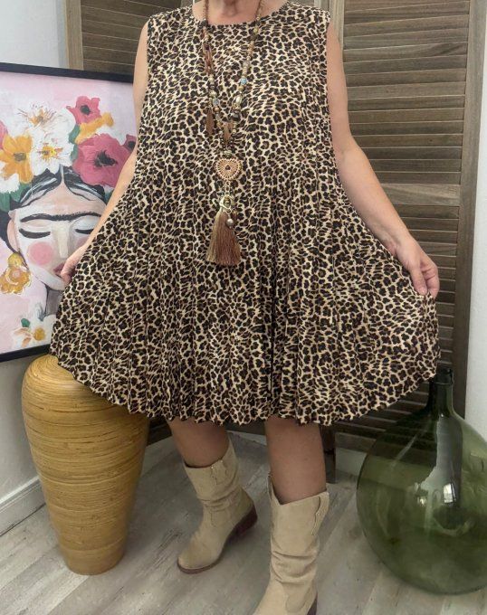 Robe trapèze courte plissée Léopard du 38 au 48/50 