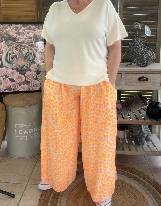 pantalon gaze de coton Léopard orange fluo + jaune fluo + blanc douceur ++++ du 42 au 50/52
