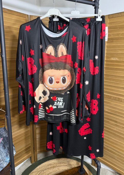 Pyjama noir Top manches longues Labubu Skulls douceur +++ du 40 au 52/54