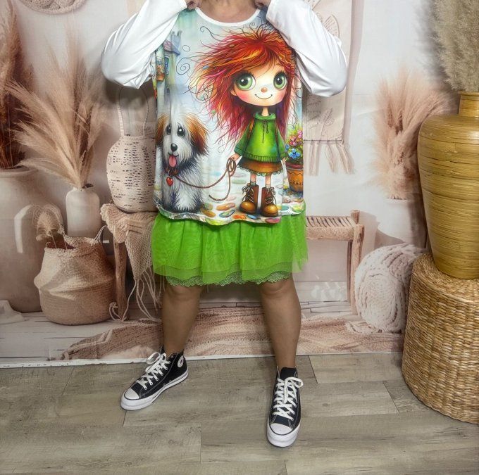 Top ample blanc manches longues La Fillette rousse et son petit chien du 40 au 52/54