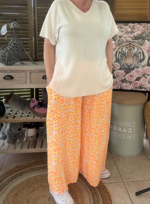 pantalon gaze de coton Léopard orange fluo + jaune fluo + blanc douceur ++++ du 42 au 50/52