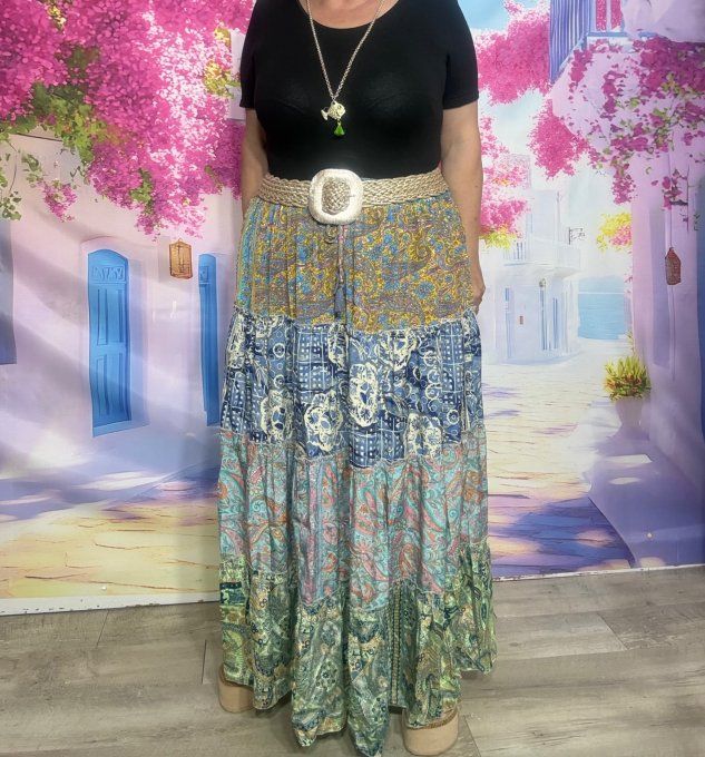 Jupe bohème longue volantée en soie Esmeralda taille smockée Hippie Chic N°4 du 40 au 54