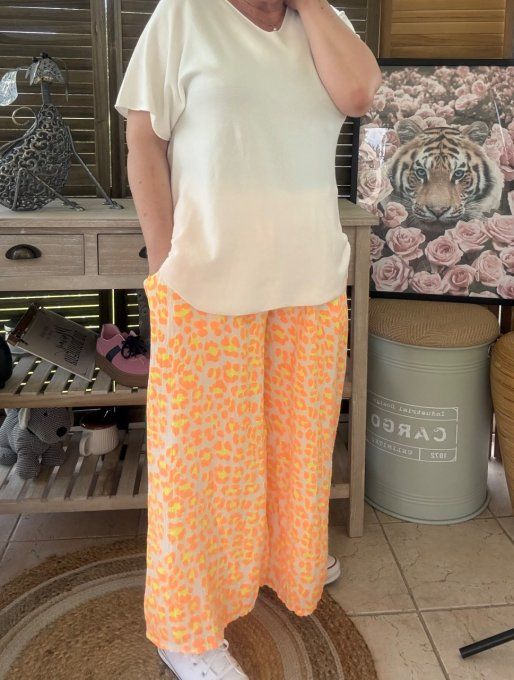 pantalon gaze de coton Léopard orange fluo + jaune fluo + blanc douceur ++++ du 42 au 50/52