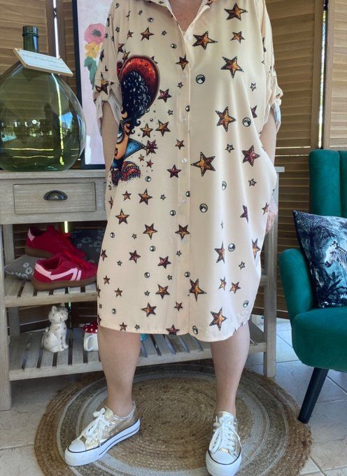 Robe chemise oversize beige étoiles Betty Boop Country Girl du 42 au 52/54
