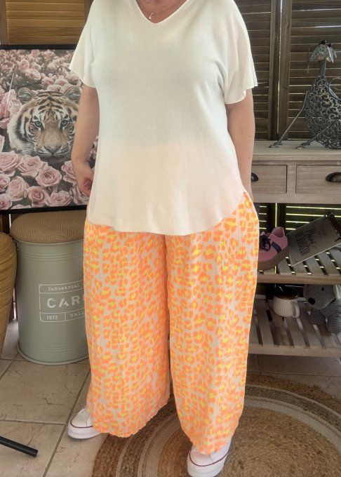 pantalon gaze de coton Léopard orange fluo + jaune fluo + blanc douceur ++++ du 42 au 50/52