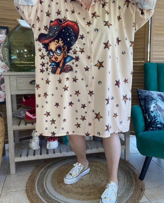 Robe chemise oversize beige étoiles Betty Boop Country Girl du 42 au 52/54