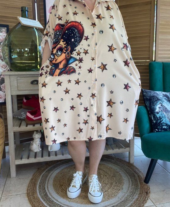 Robe chemise oversize beige étoiles Betty Boop Country Girl du 42 au 52/54