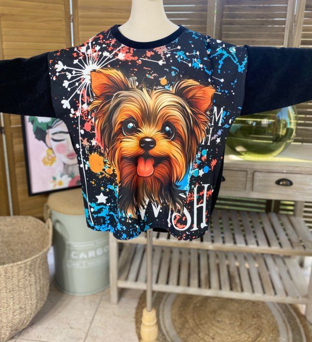 Sweat manches longues satiné et velours noir Mon adorable Yorkshire du 40 au 50 