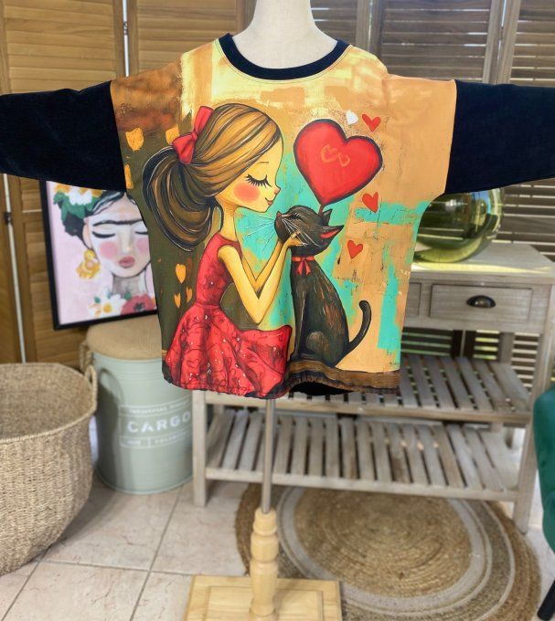 Sweat manches longues satiné et velours noir La Fillette et son chat du 40 au 50