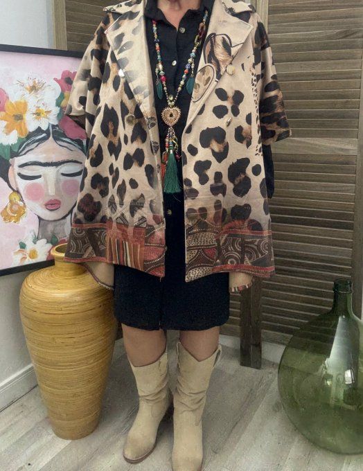 Veste-cape oversize suédine Léopard Frida Kahlo revisitée TOUTES TAILLES jusqu'au 60