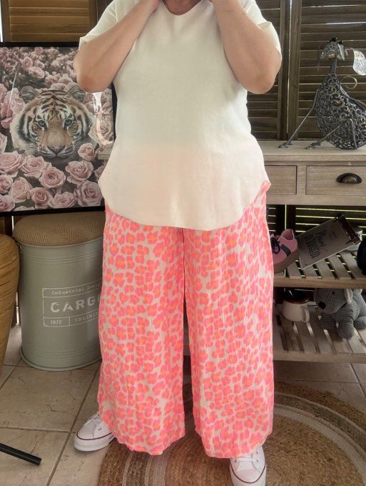 pantalon gaze de coton Léopard rose fluo + orange fluo + blanc douceur ++++ du 42 au 50/52