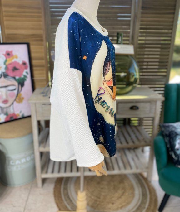 Sweat manches longues satiné et velours crème La Fillette et la Lune du 40 au 50 