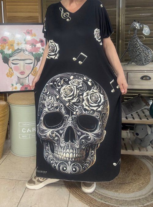 Robe longue noire The Musical Mexican Skulls & Roses du 40 au 50 