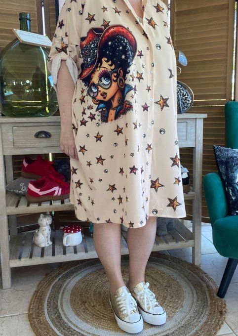 Robe chemise oversize beige étoiles Betty Boop Country Girl du 42 au 52/54